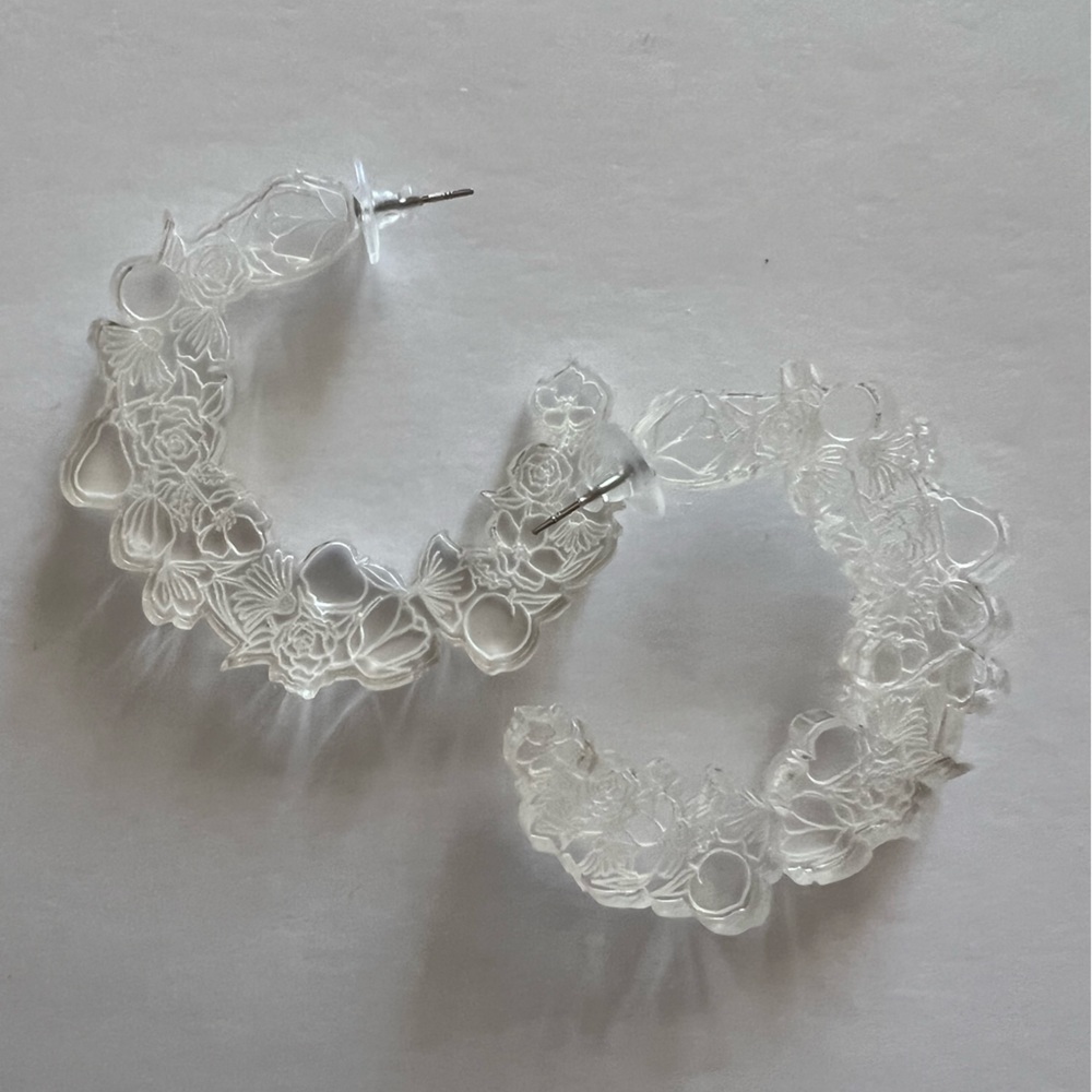 Acrylic Engraved Floral Fruit Statement Hoop Earrings - approx 2”